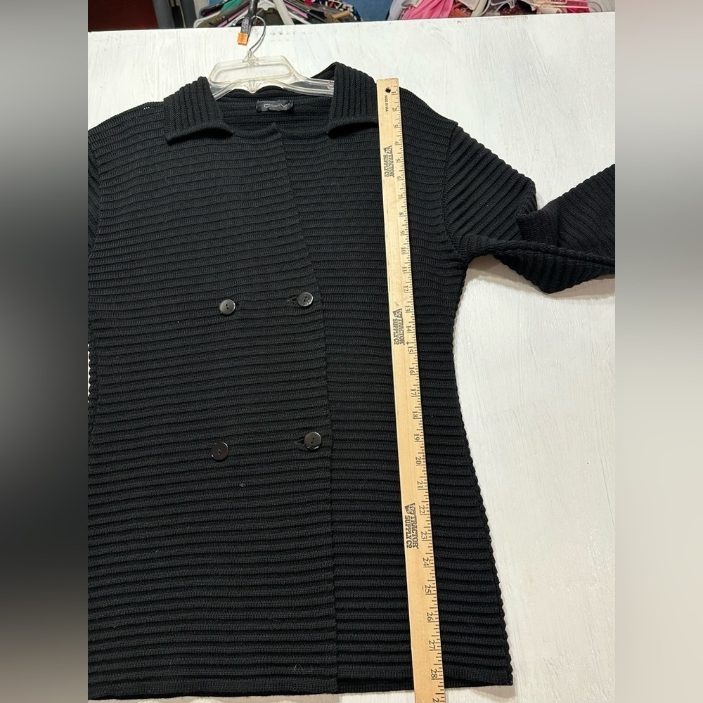 Italian Merino Wool Blend Black Knit Double Breasted Cardigan Jacket L - Picture 14 of 14